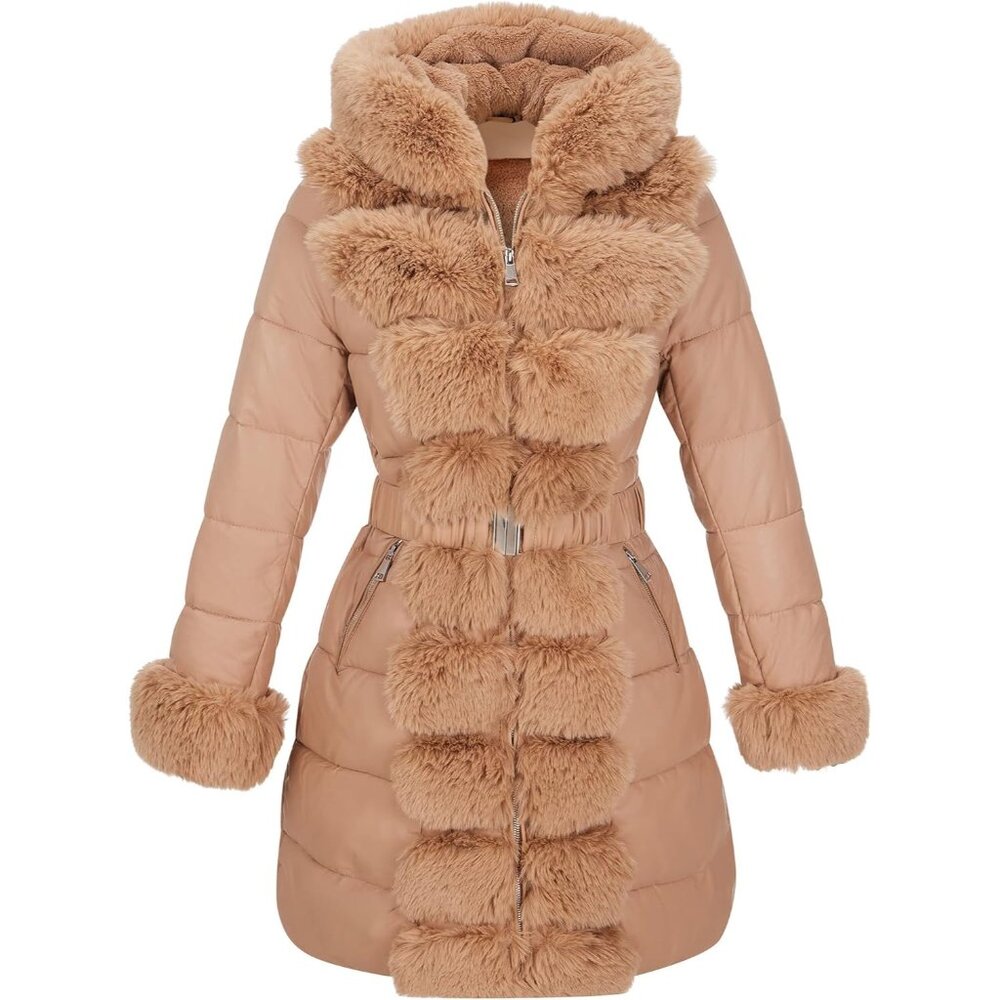 Puffer Jacket Women Winter Fur Lined Apricot Coat Long Fur Collar Warm Overcoat
